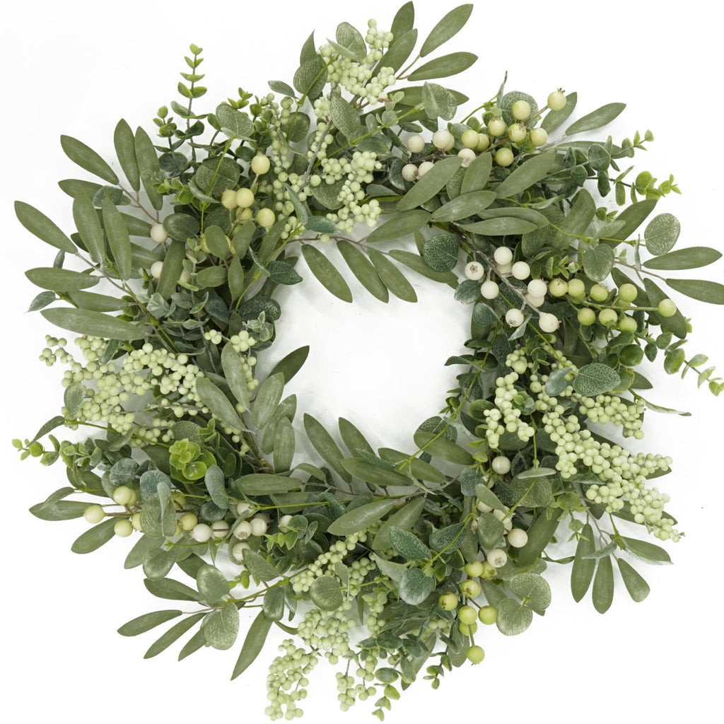 20-inch artificial eucalyptus wreath with olive leaves and light green berries on a white background