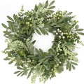 20-inch artificial eucalyptus wreath with olive leaves and light green berries on a white background
