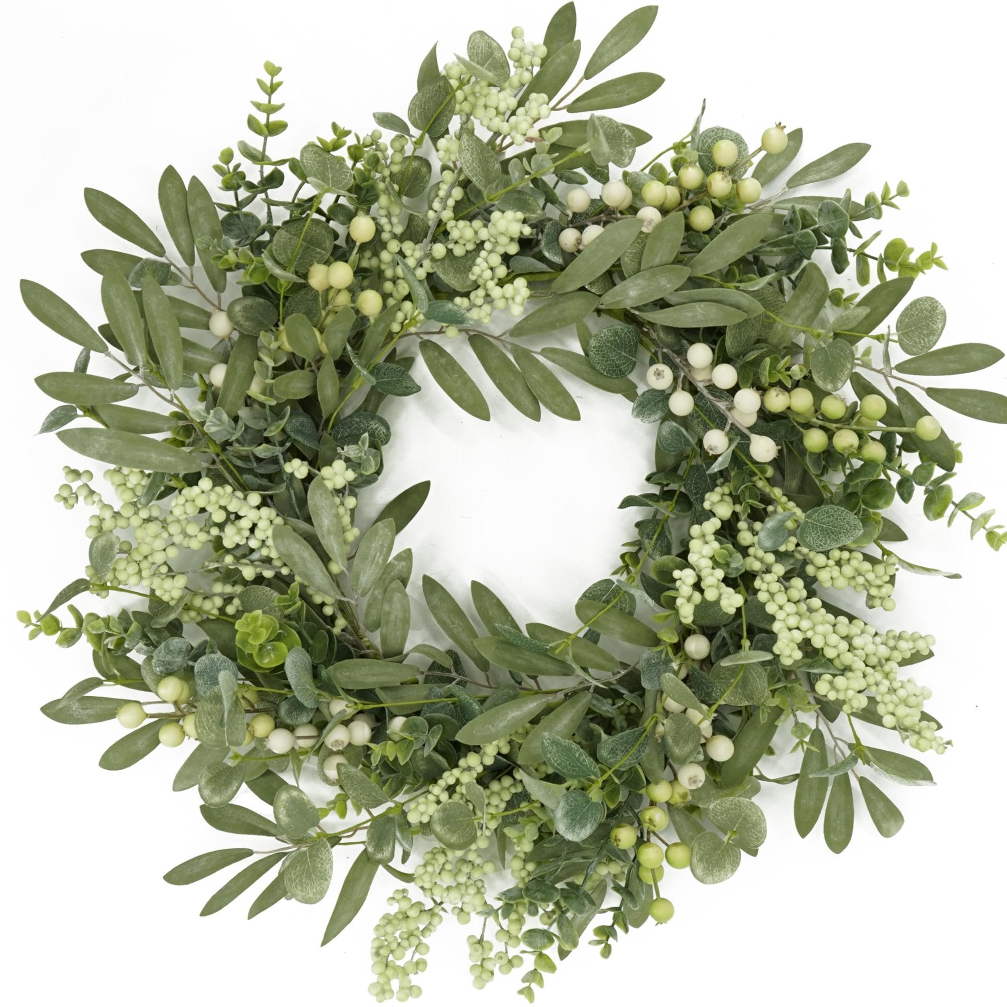 20-inch artificial eucalyptus wreath with olive leaves and light green berries on a white background