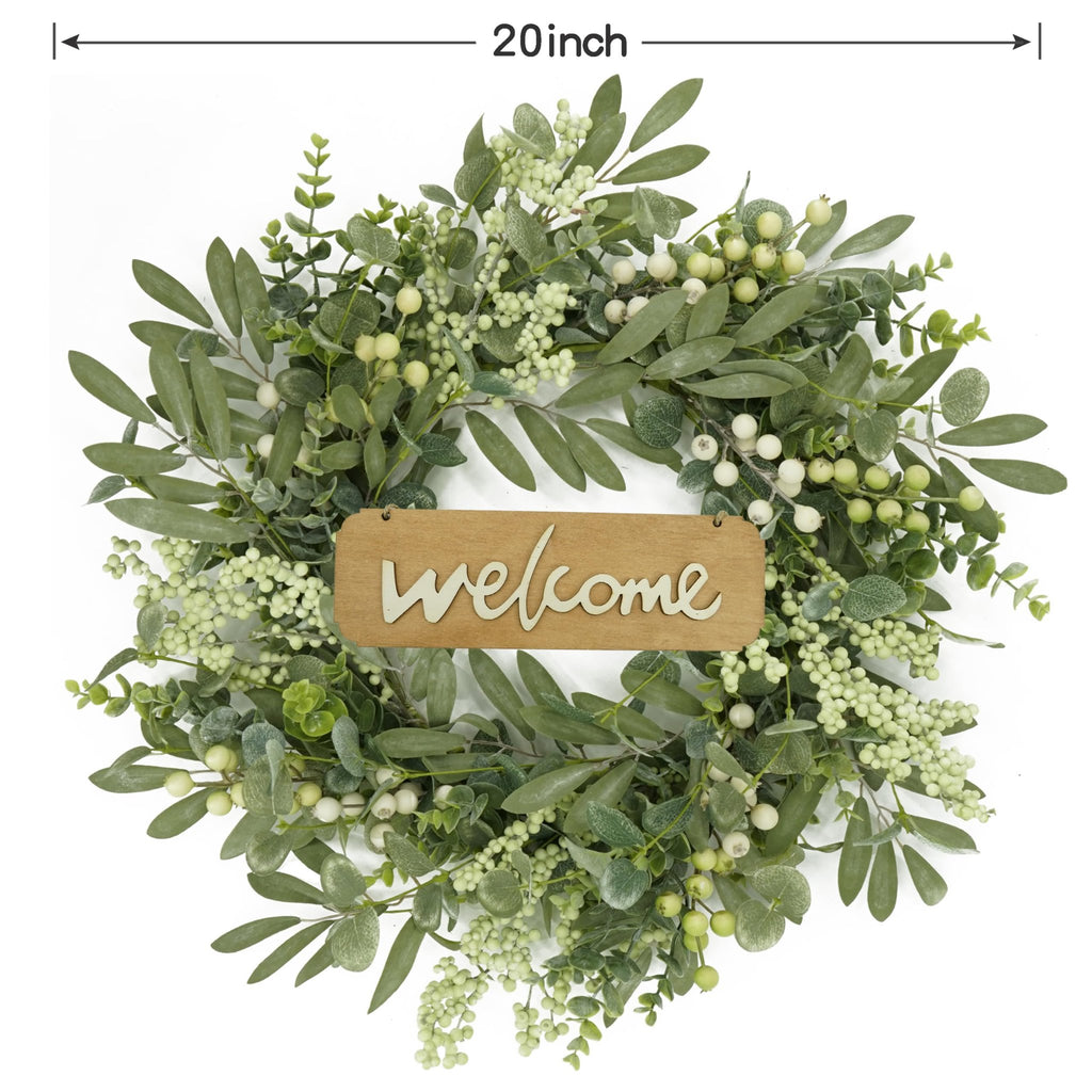 20-inch eucalyptus and olive leaf wreath with white berries and a wooden 'welcome' sign