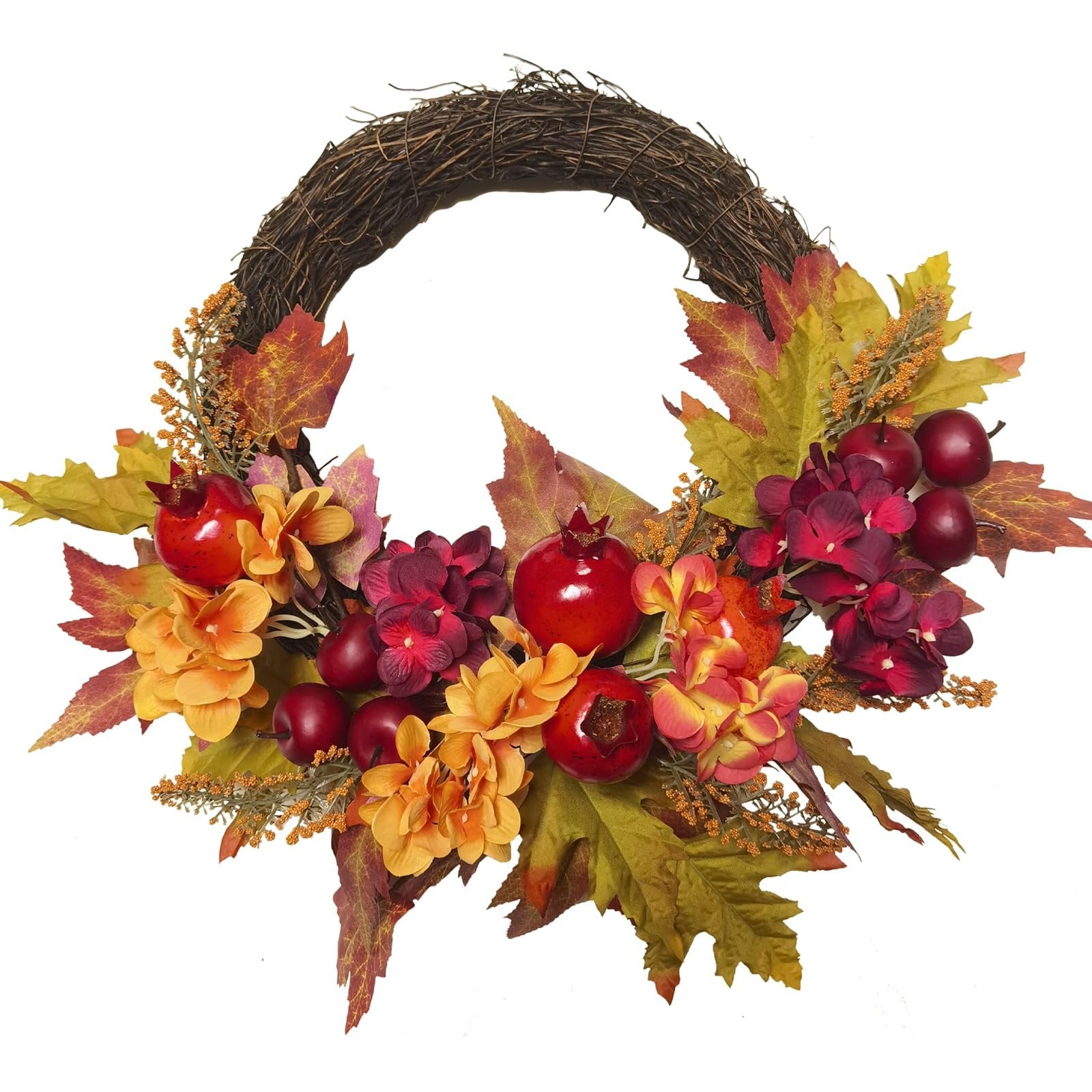 Autumn wreath with pomegranates, apples, maple leaves, silk flowers on a natural vine base.