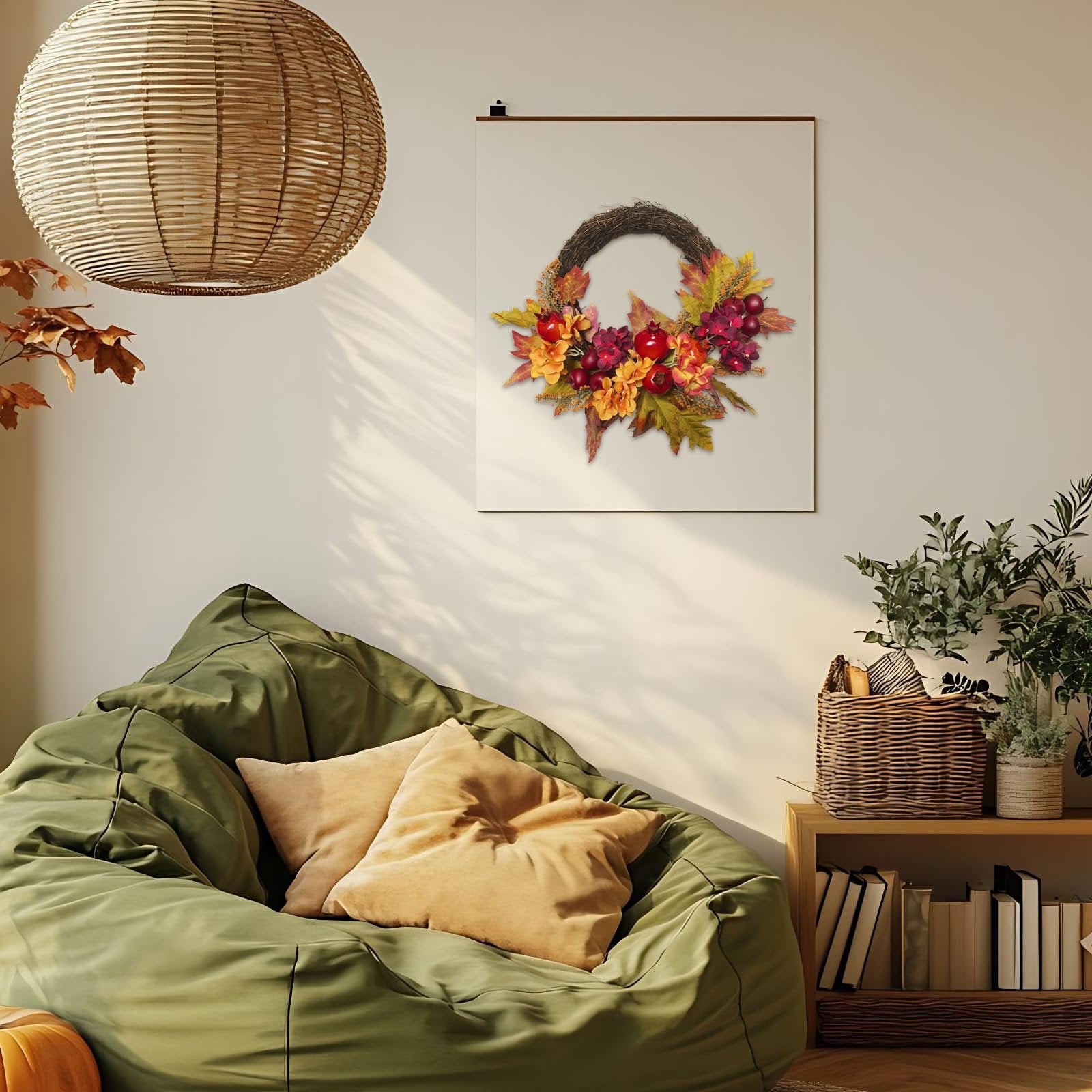 Fall wreath with apples, pomegranates, and maple leaves hanging on a wall above a green beanbag chair.