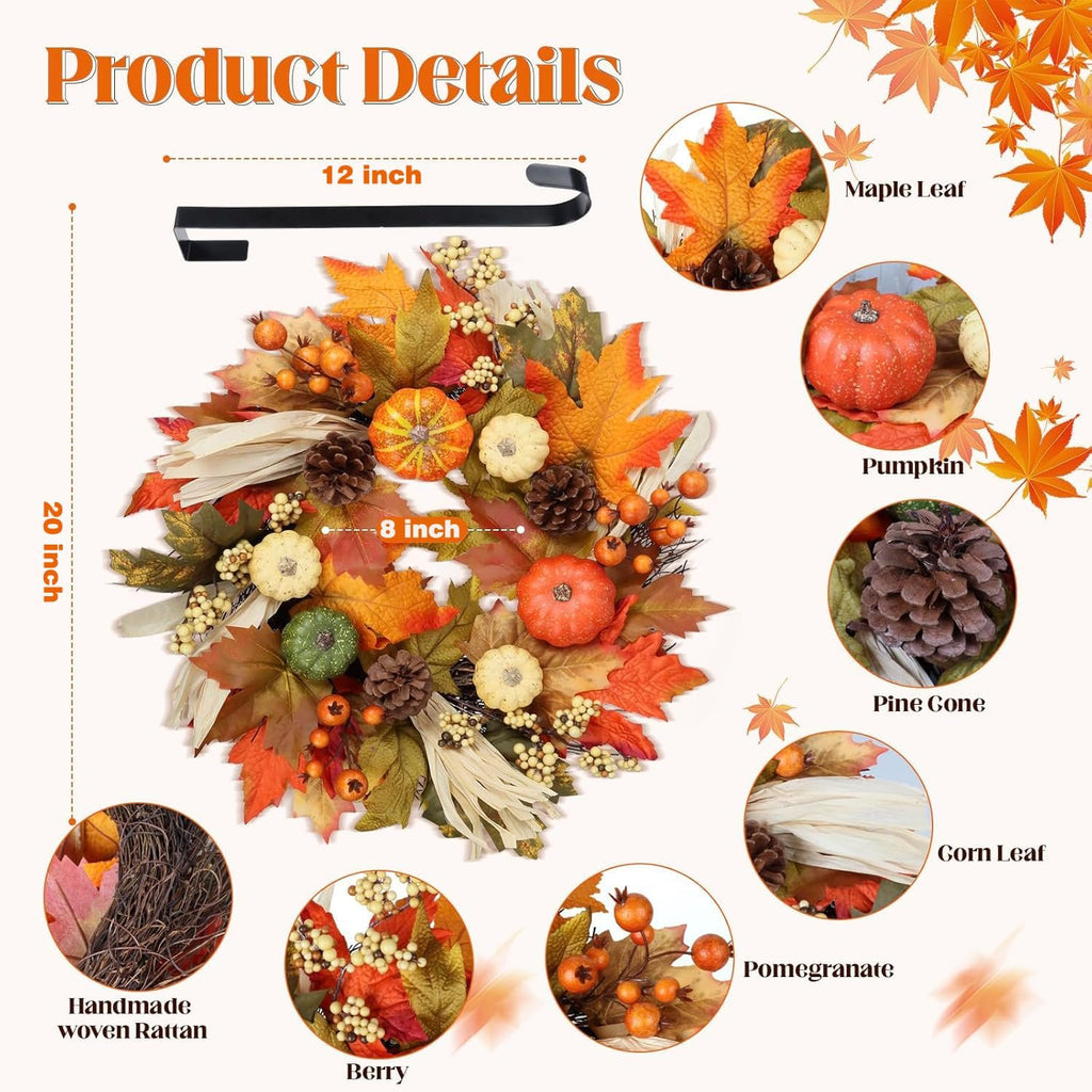 Fall wreath with pumpkins, maple leaves, berries, pine cones, and corn leaves, showing dimensions and components.