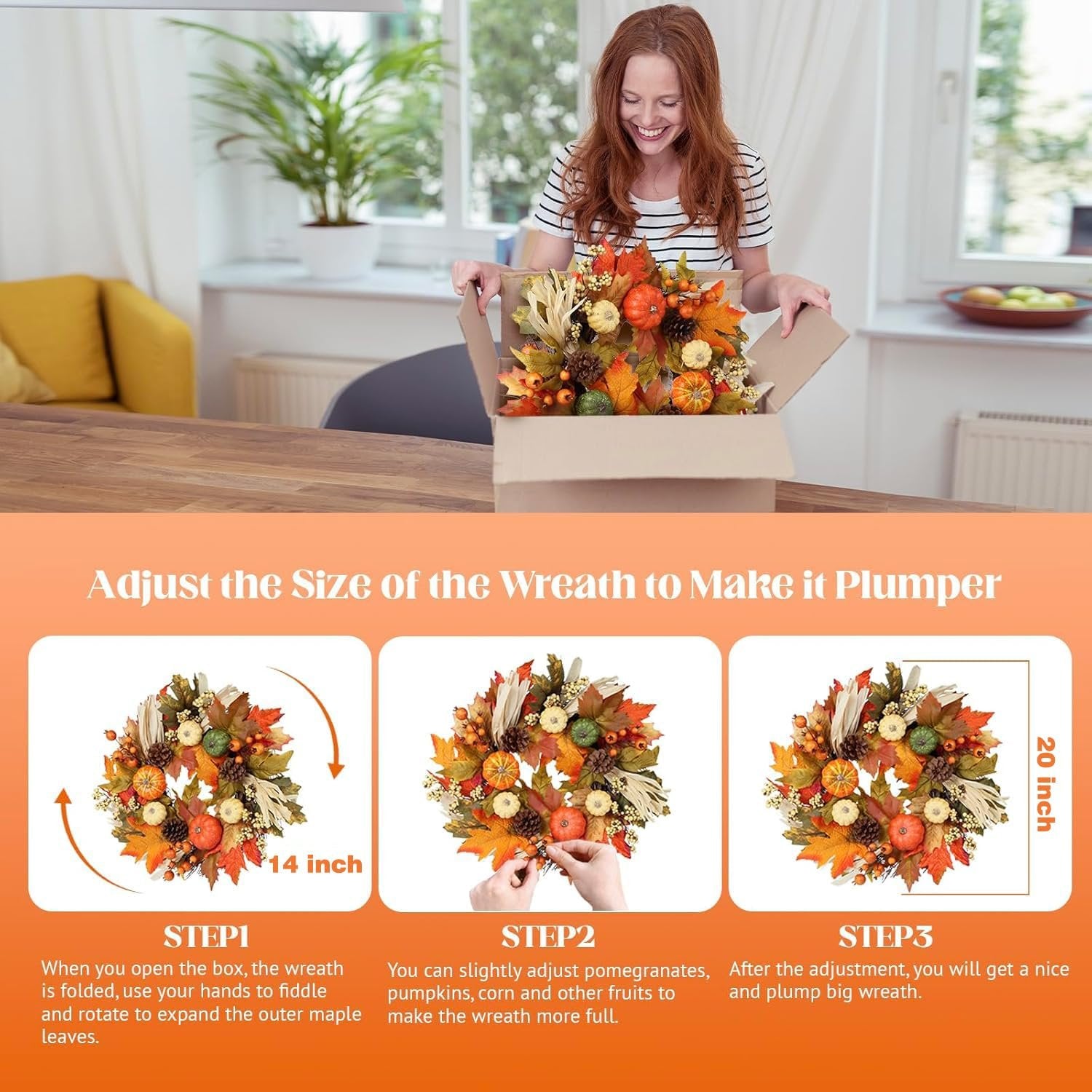 Woman unpacking a fall wreath from a box, with instructional graphics showing how to fluff it.