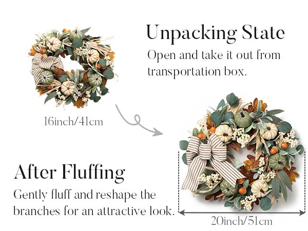 Fall wreath with pumpkins, berries, and burlap bow, shown in two sizes for comparison.