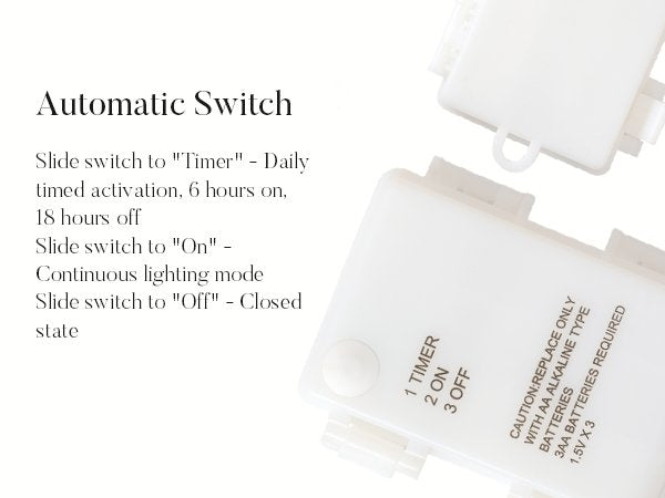 Close-up of battery compartments for LED lights showing switch positions and battery requirements.