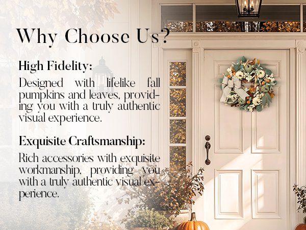 Fall wreath with white pumpkins and burlap bow hanging on a white front door, with text overlay.