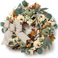 20-inch fall wreath with white pumpkins, green pumpkins, acorns, berries, and a striped burlap bow, adorned with LED lights.