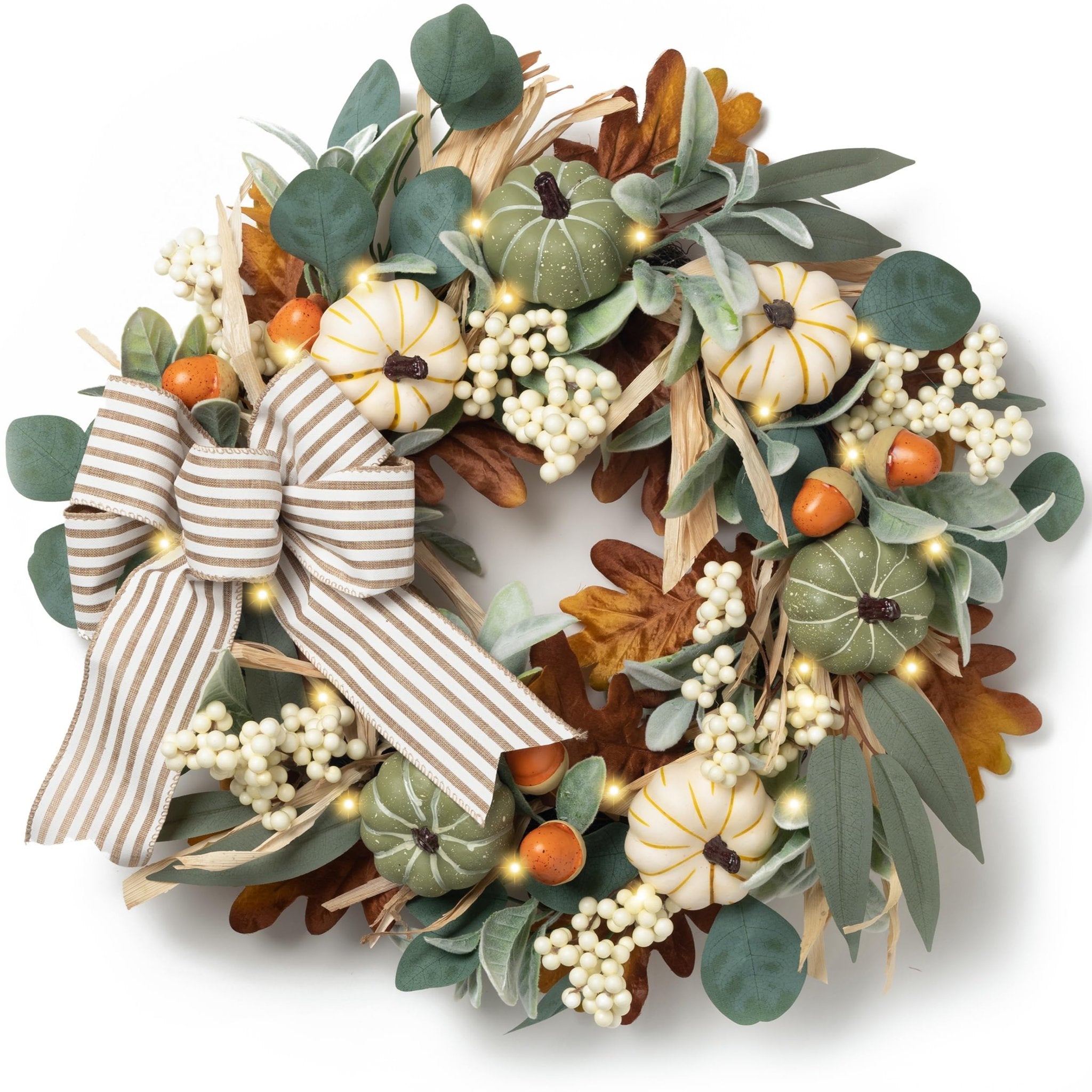 20-inch fall wreath with white pumpkins, green pumpkins, acorns, berries, and a striped burlap bow, adorned with LED lights.
