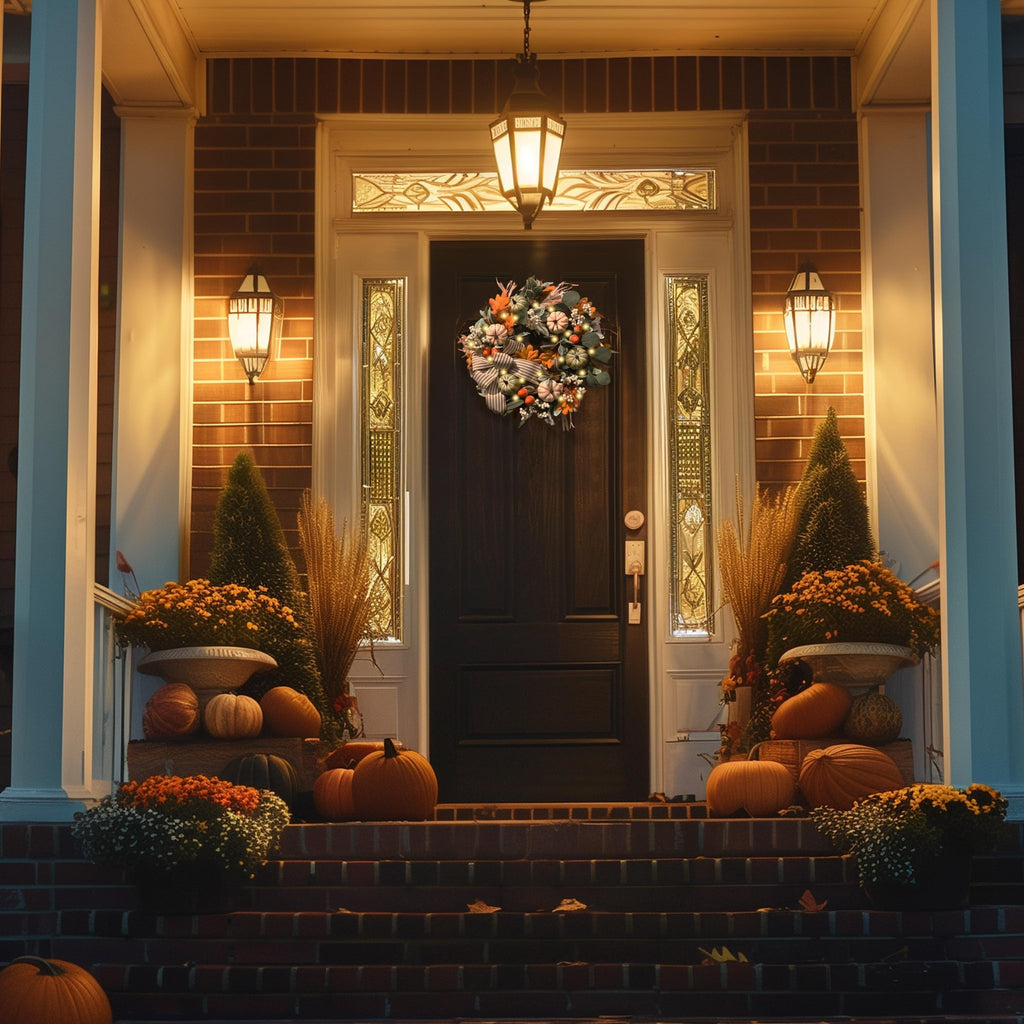 Front porch decorated for fall with a wreath on the door, pumpkins, and potted plants.