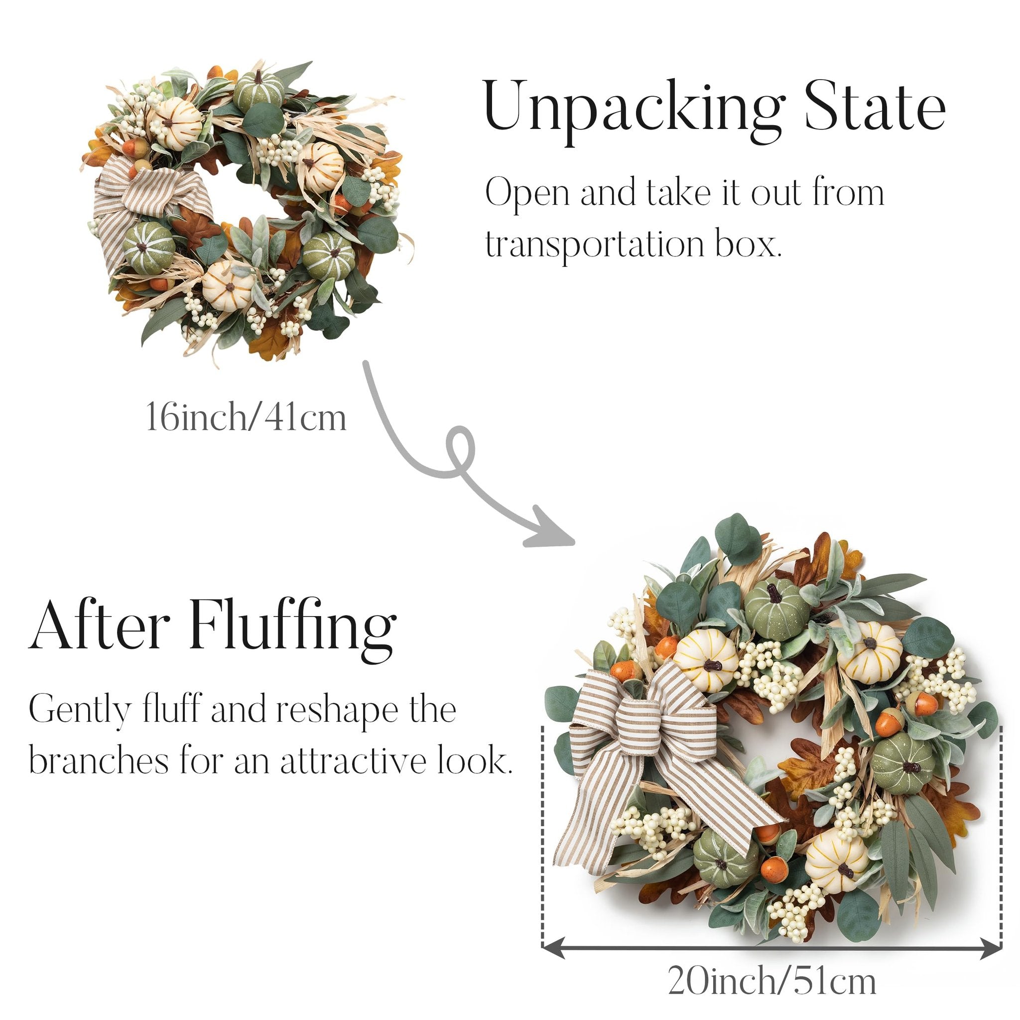 Fall wreath with white and green pumpkins, berries, leaves, and burlap bow, shown before and after fluffing, with size indicators.