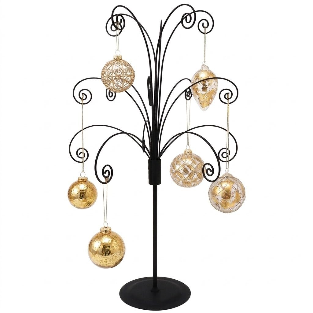 Black metal tabletop ornament display stand with seven gold and clear glass ornaments hanging from branches.