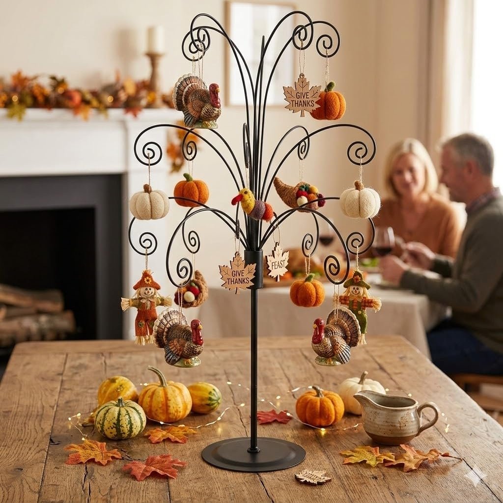 Black metal tabletop ornament display stand decorated with Thanksgiving-themed ornaments and pumpkins on a wooden table.
