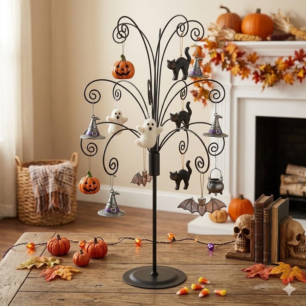 Black metal tabletop ornament display stand decorated with Halloween-themed ornaments including pumpkins, ghosts, cats, and bats.