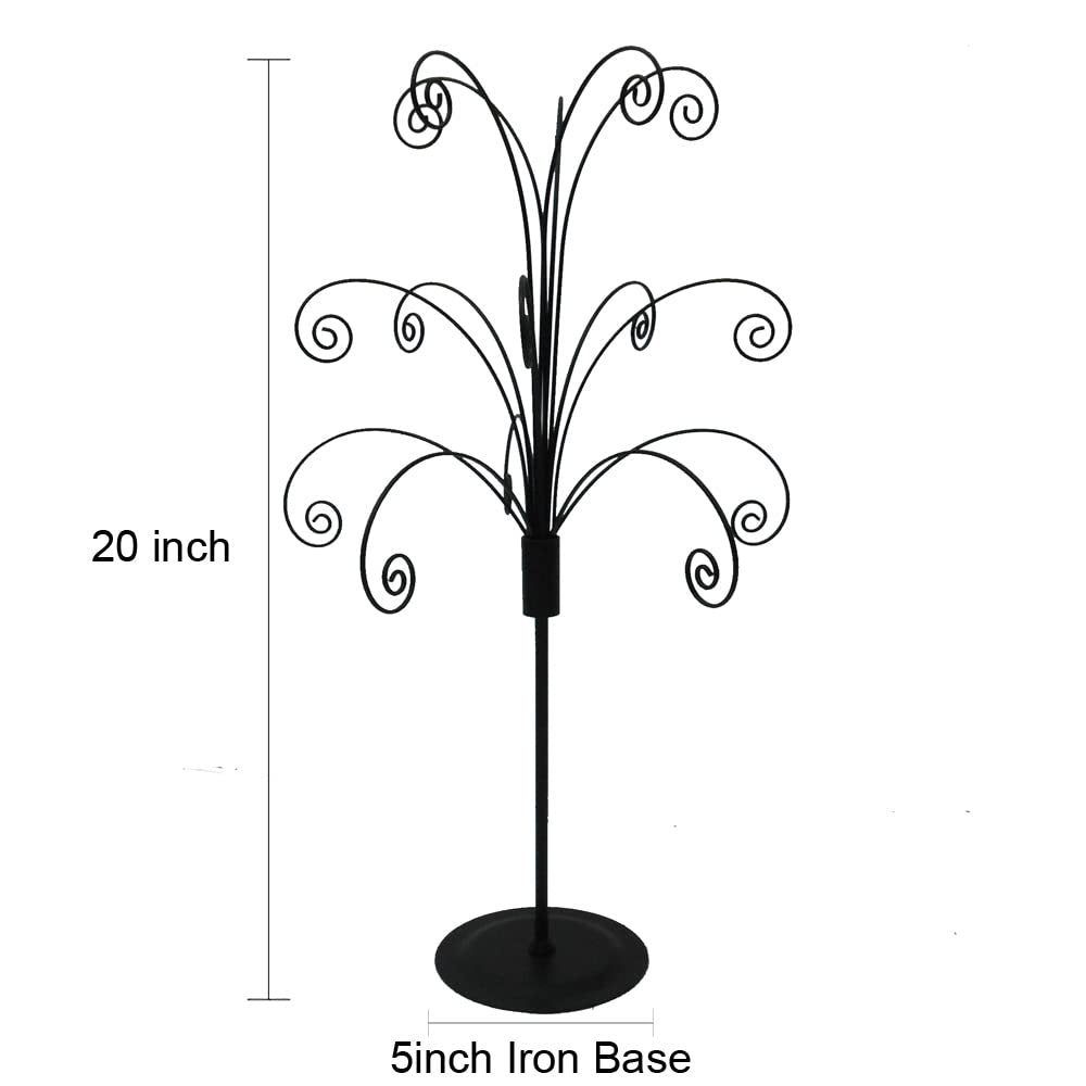 Black metal ornament display stand with a 5-inch iron base, shown with height dimension of 20 inches.