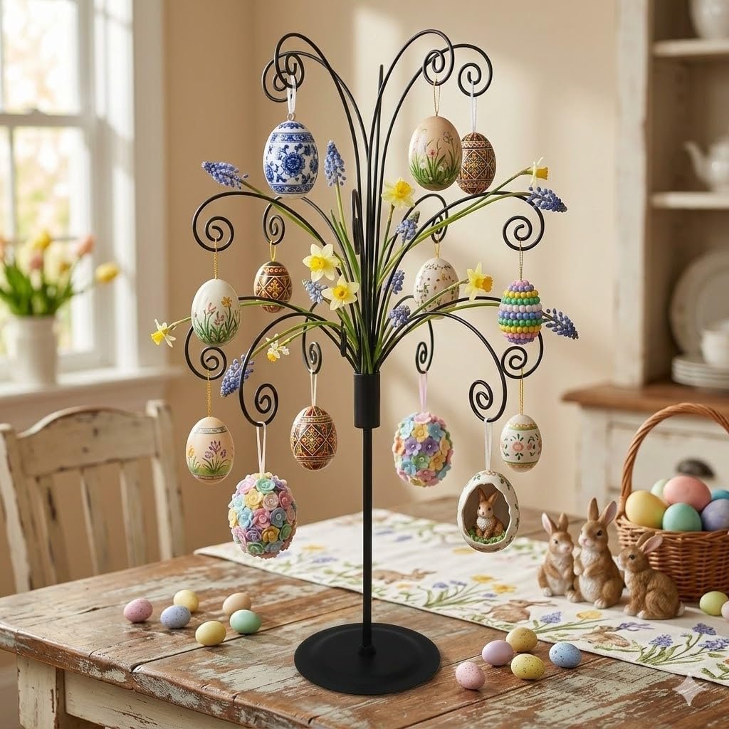 Black metal ornament display stand with various decorative Easter eggs and faux flowers, set on a wooden table.