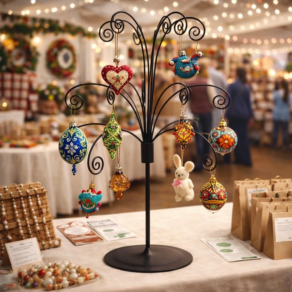 Black metal ornament display stand with various colorful Christmas ornaments hanging, set on a table with a blurred background of a market stall.