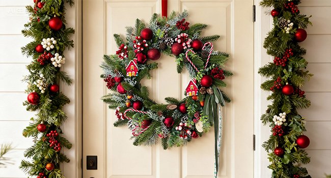Festive Christmas wreath and garland on a white door, adorned with red ornaments, pine cones, berries, and candy canes.