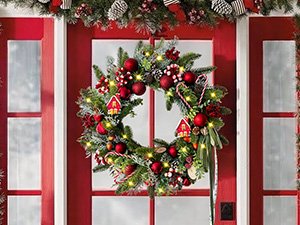 20-inch lighted Christmas wreath with candy canes, pine cones, berries, and bow hanging on a red door.