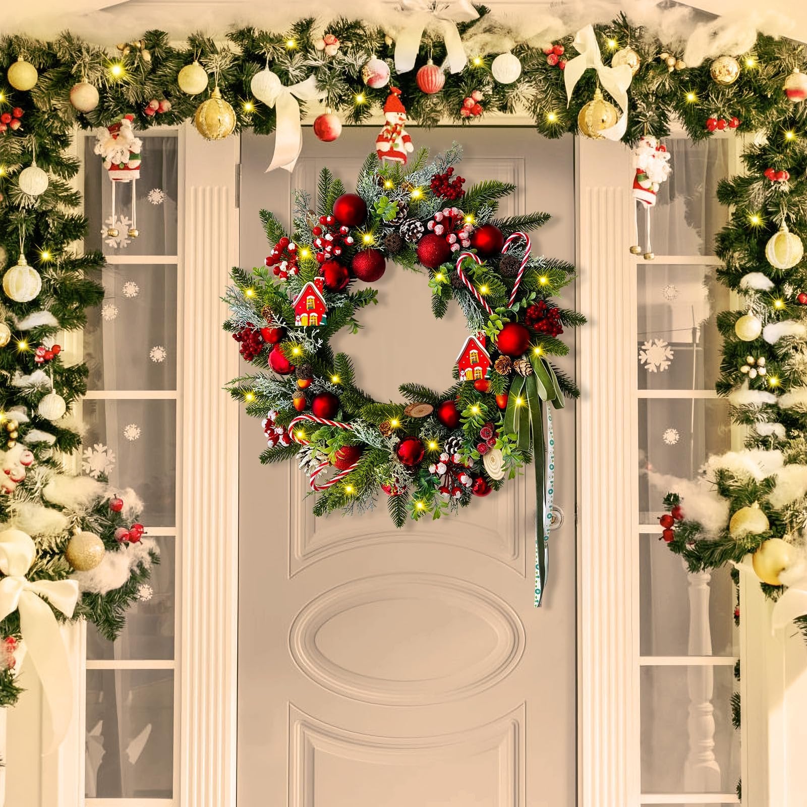 Festive Christmas wreath with candy canes, pine cones, berries, red ornaments, and small house decorations, hanging on a door.
