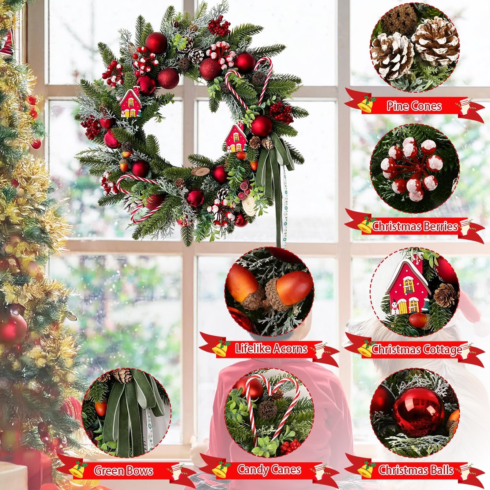 Christmas wreath with pine cones, berries, candy canes, and bows, displayed in a window with a Christmas tree nearby.