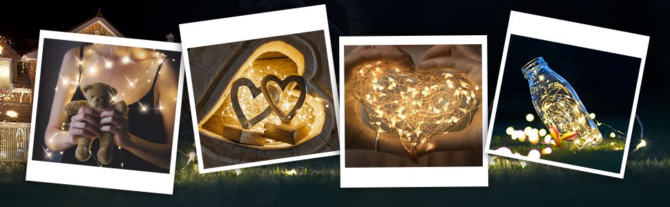 Collage of four lifestyle images showing warm white fairy lights in various decorative settings.