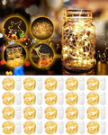 Warm white fairy lights coiled in glass jars and a reindeer shape, with a separate grid of lights and battery packs below.