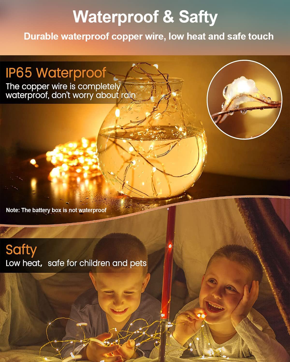 Warm white fairy lights in a glass vase and two children playing under a tent, highlighting waterproof and safe features.