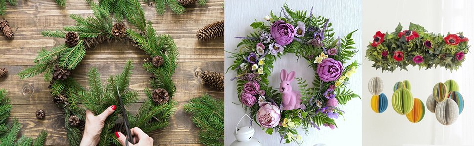 Hands crafting a Christmas wreath with pine branches and pinecones on a wooden table