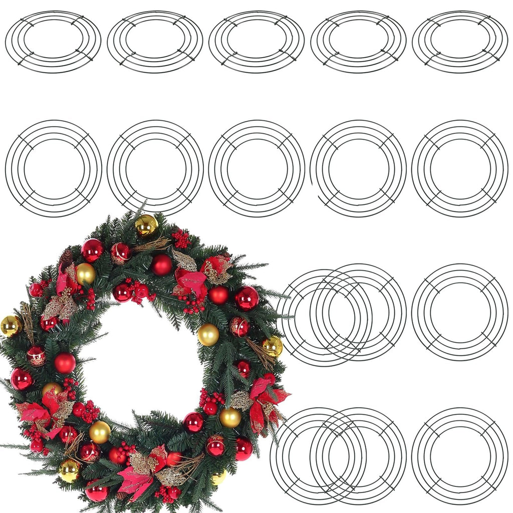 20 pack of 8 inch round wire wreath frames with a decorated Christmas wreath
