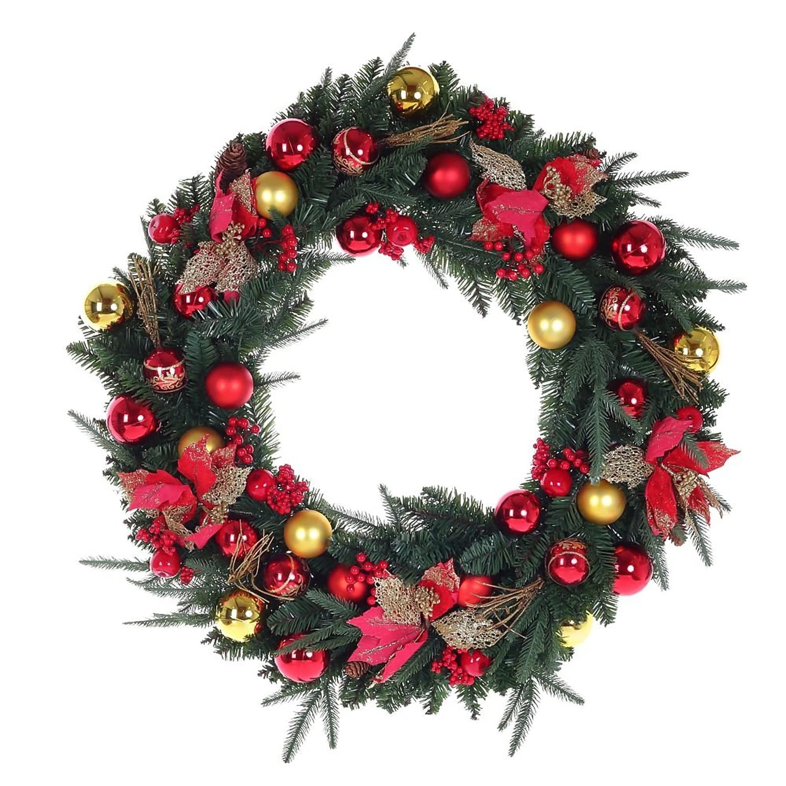 Decorated Christmas wreath with red and gold ornaments, red berries, and pinecones on a white background.