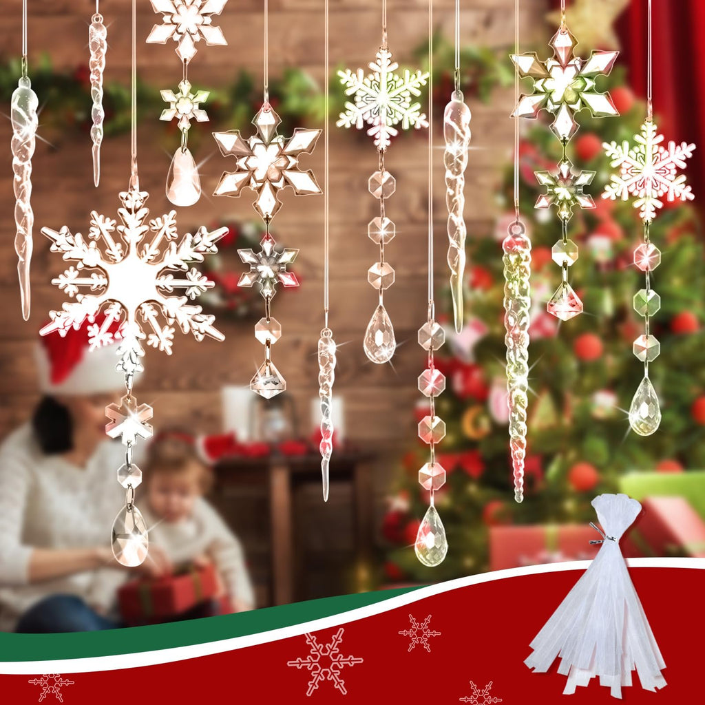Clear acrylic snowflake, icicle, and drop ornaments hanging in front of a Christmas tree and wooden wall with a blurred family scene.