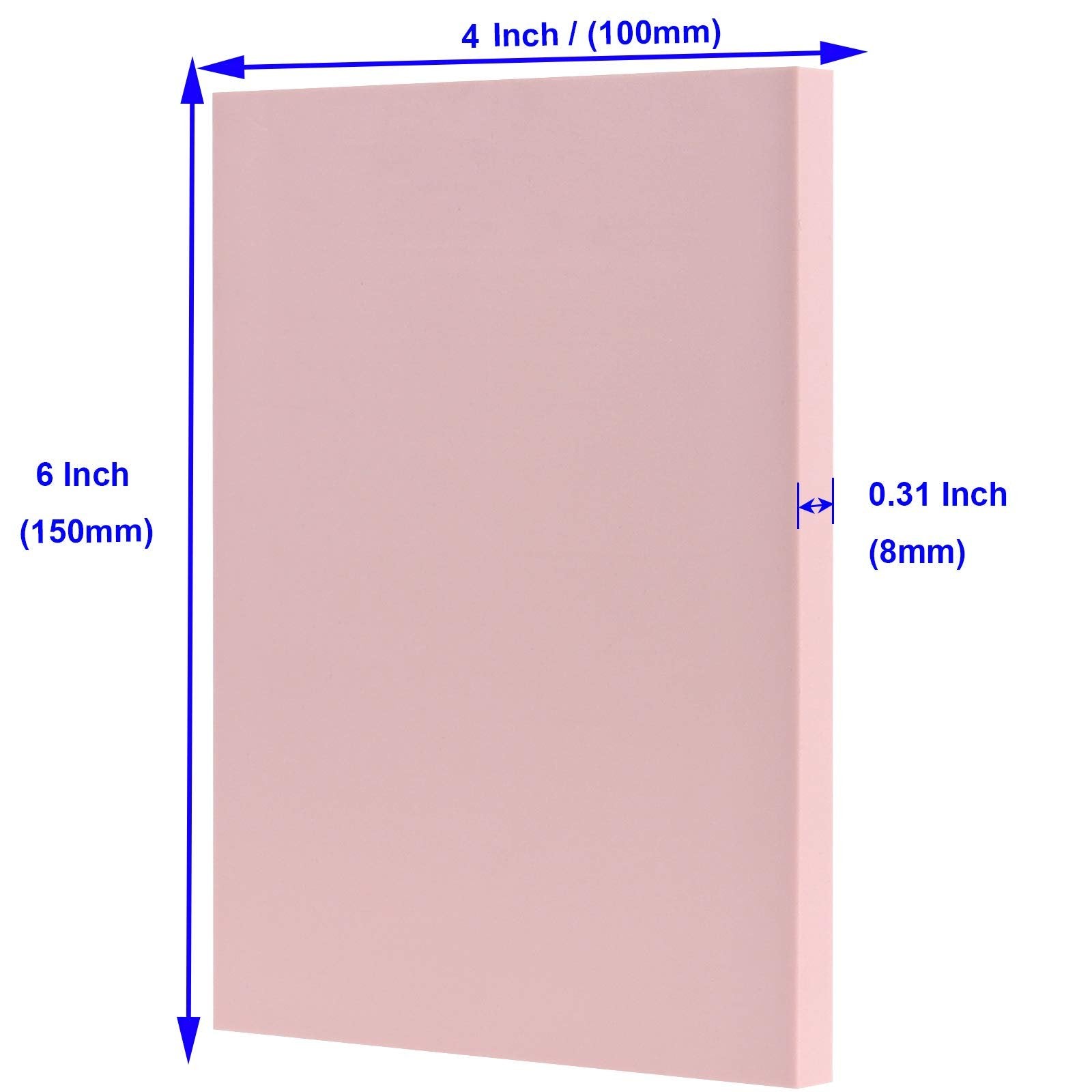Pink carving block with dimensions indicated by blue arrows and text overlays.