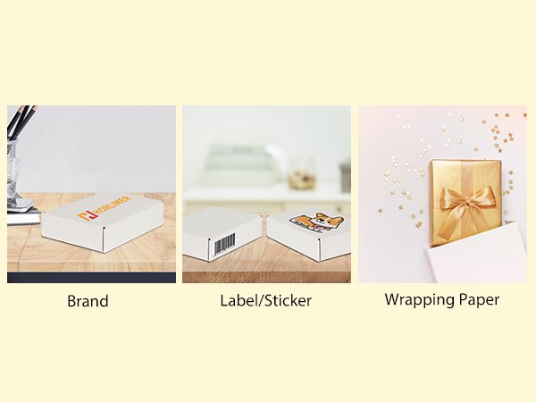 Three white shipping boxes displayed on a wooden surface, one with a brand logo, one with a barcode sticker, and one as a gift.