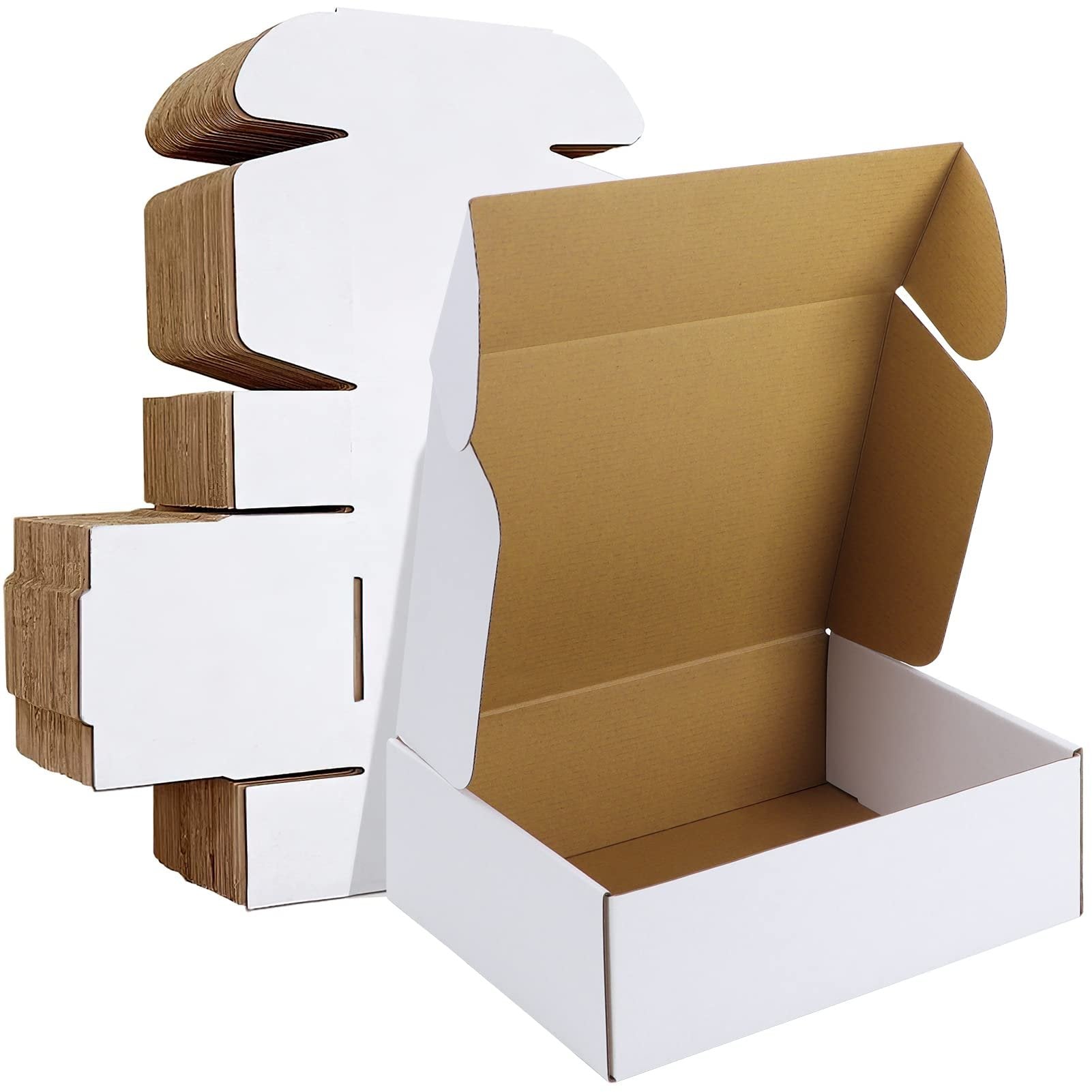 Stack of white corrugated cardboard shipping boxes, one open showing interior, 12x9x4 inches