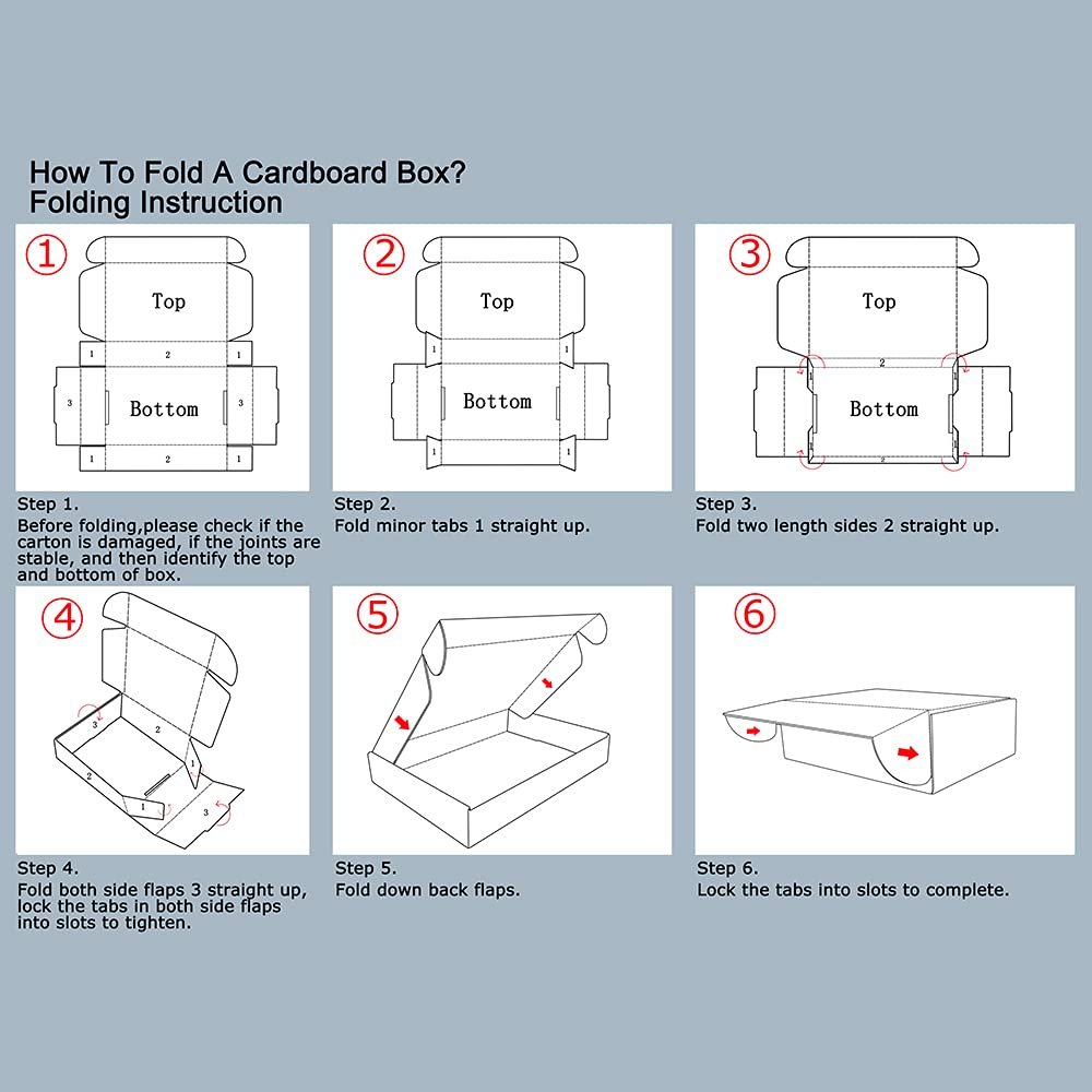 Folding instructions for a cardboard box, showing six steps with diagrams and text.