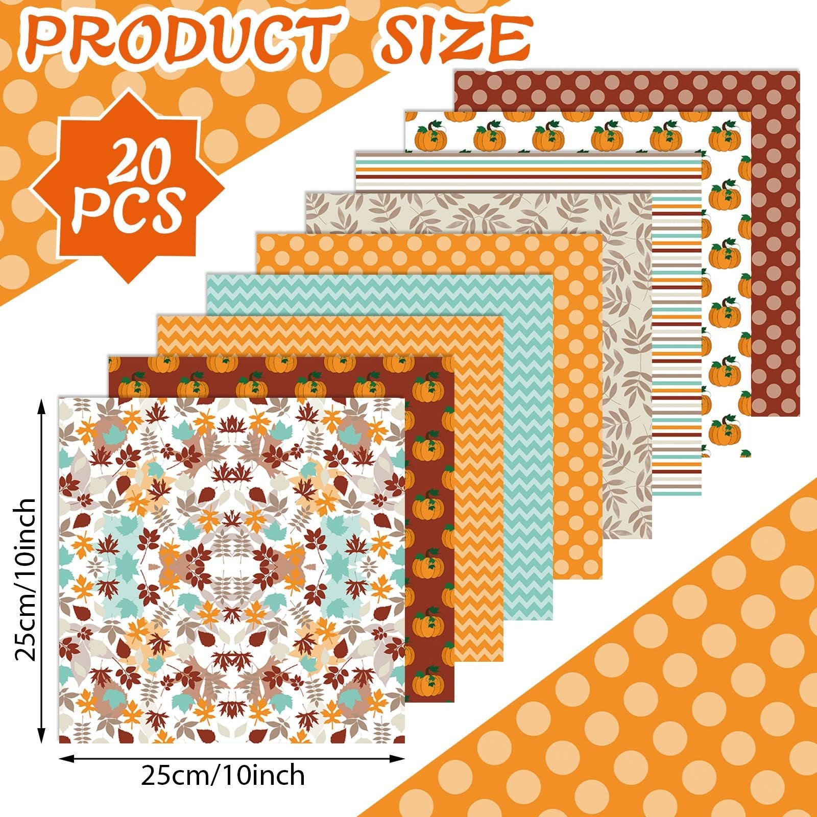 Stack of 20 fall-themed fabric squares with pumpkin, maple leaf, and chevron patterns. Includes size indicators.
