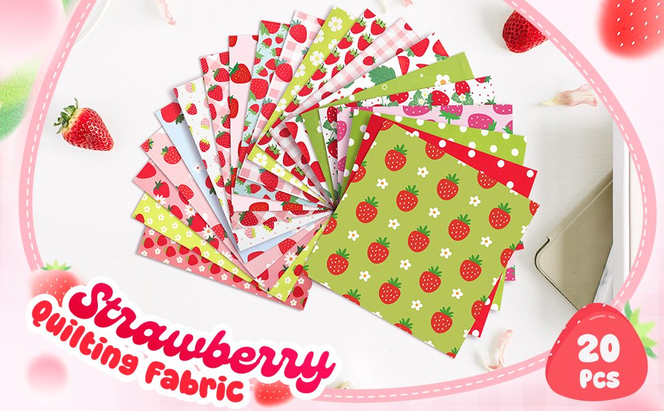 Fan of strawberry print fabric squares in various colors and patterns, with strawberries and flowers, on a white surface.