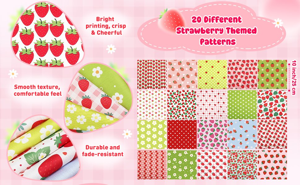 Strawberry themed fabric squares bundle showing 20 different patterns, with text callouts for features.