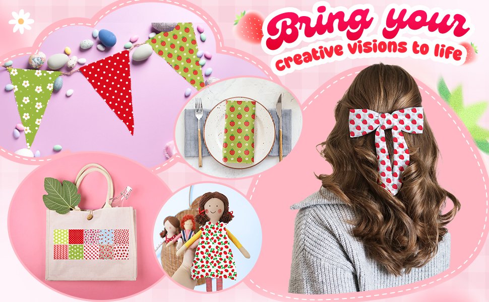 Collage of strawberry-themed fabric crafts including bunting, a placemat, a tote bag, dolls, and a hair bow.