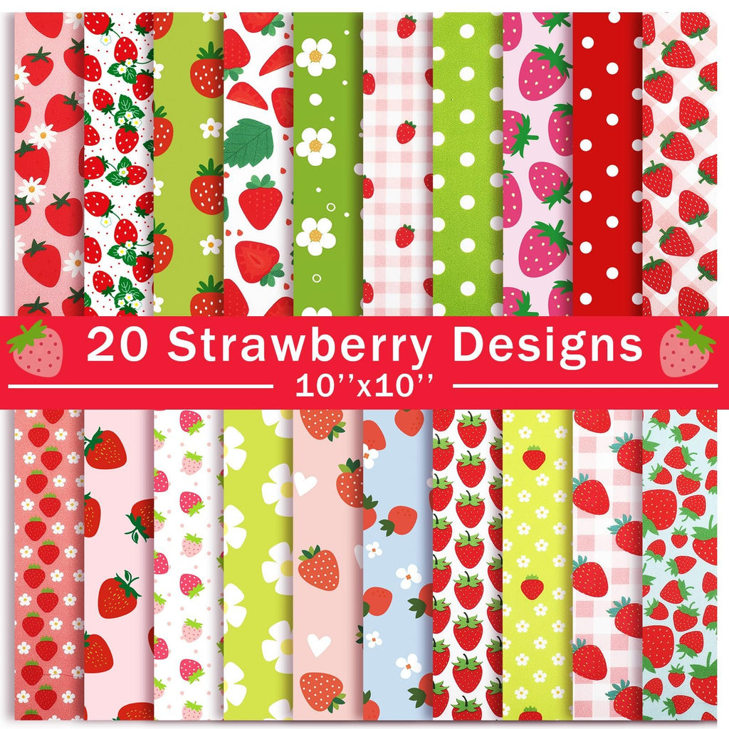 Collection of 20 strawberry-themed fabric squares, each 10x10 inches, featuring various patterns like polka dots, gingham, and floral designs.