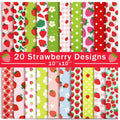 Collection of 20 strawberry-themed fabric squares, each 10x10 inches, featuring various patterns like polka dots, gingham, and floral designs.