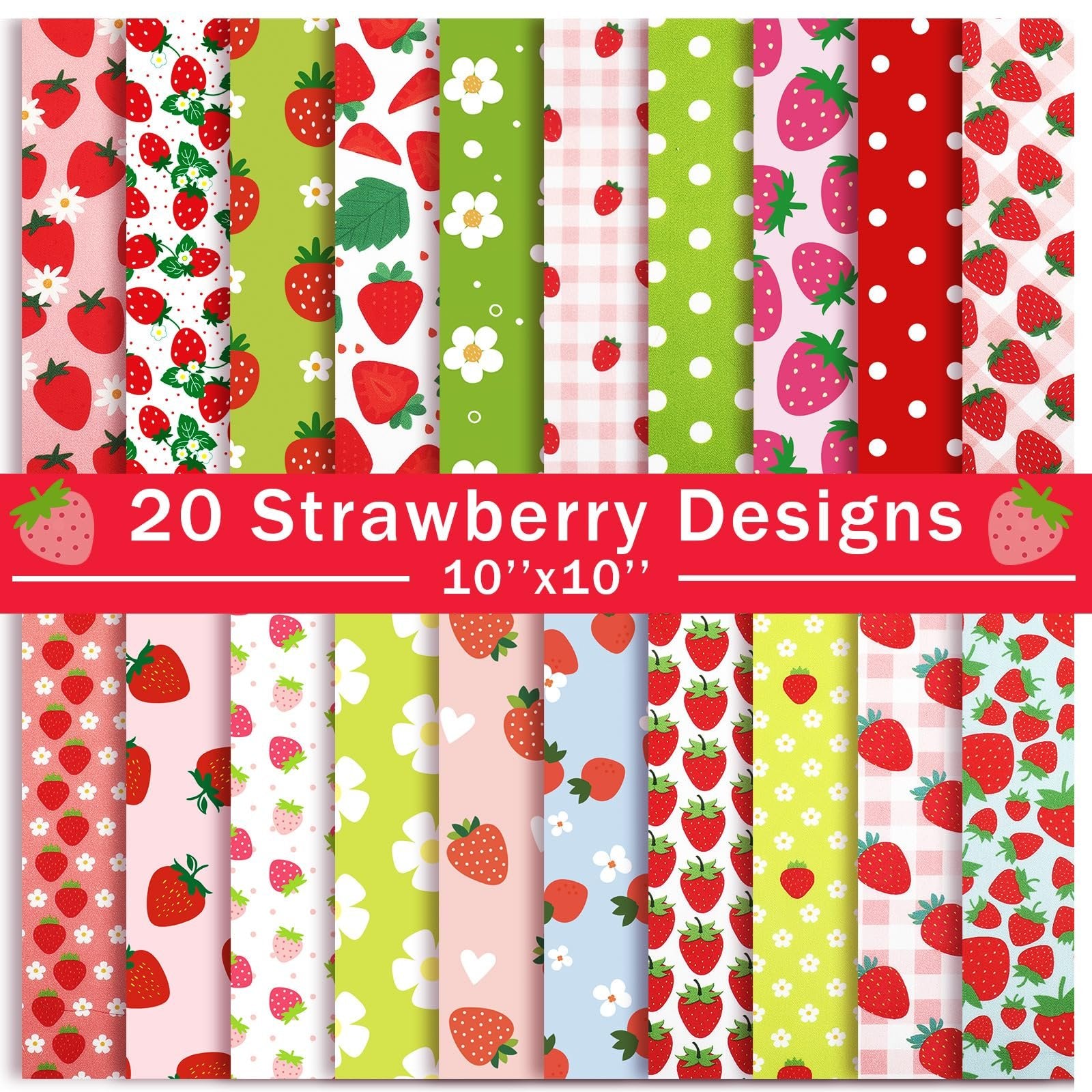 Collection of 20 strawberry-themed fabric squares, each 10x10 inches, featuring various patterns like polka dots, gingham, and floral designs.