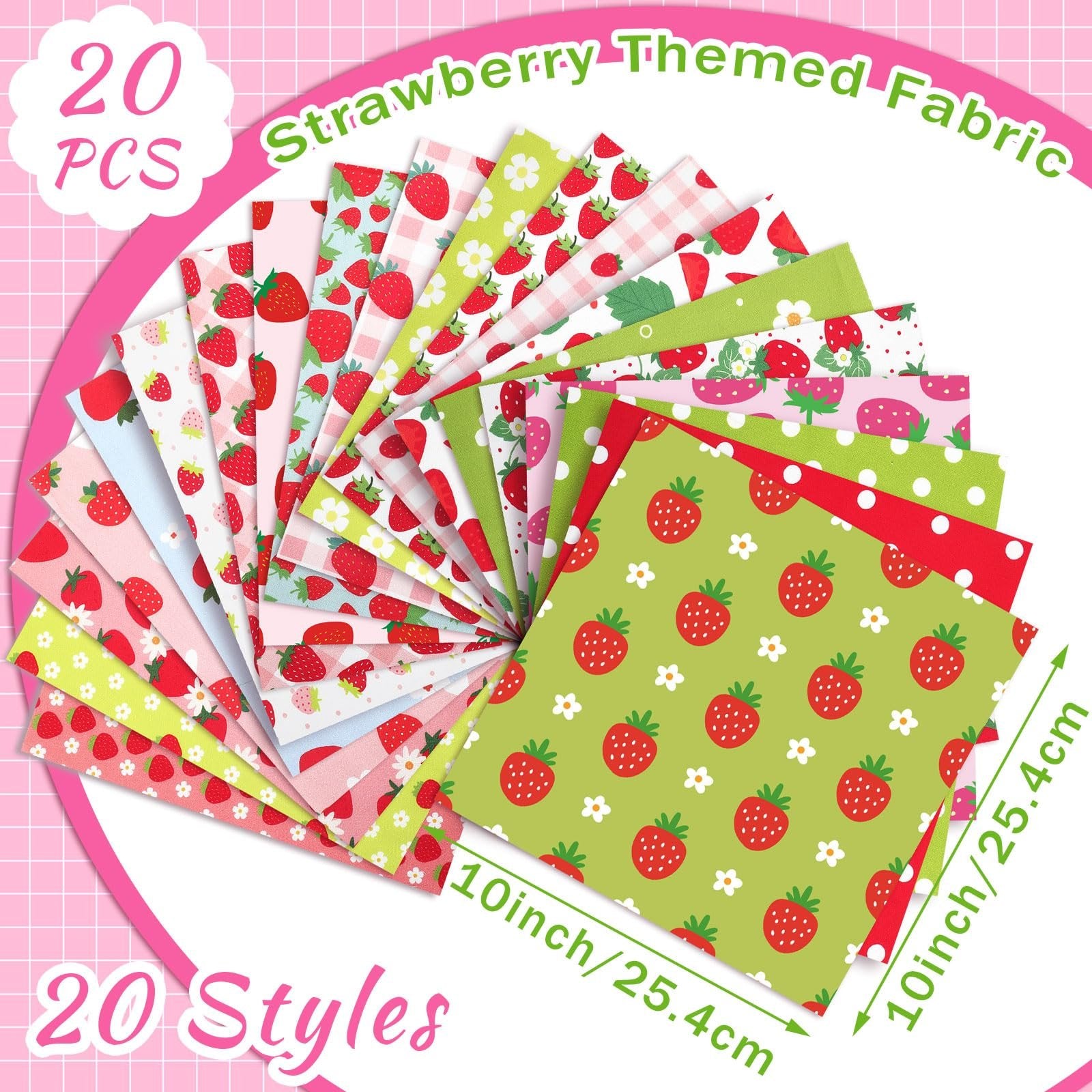 Bundle of 20 strawberry-themed fabric squares, each 10x10 inches, fanned out.