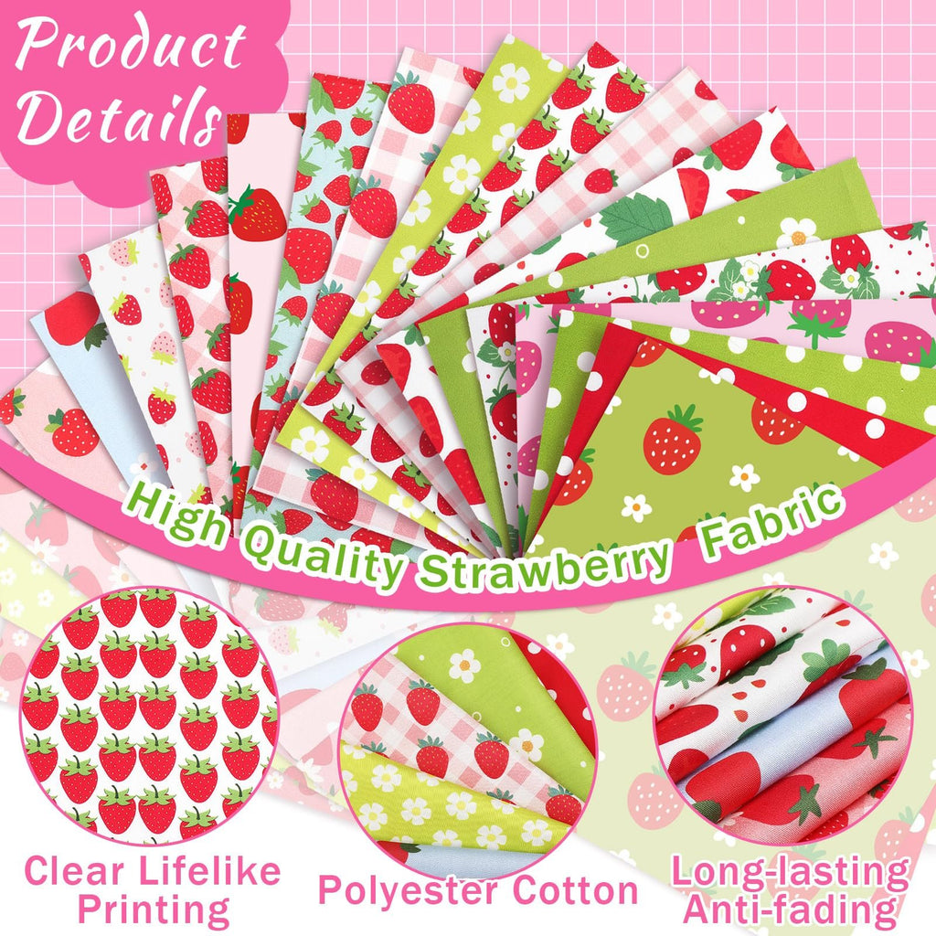 Assortment of strawberry-patterned fabric squares fanned out, with close-up circular insets showing printing, material, and durability features.