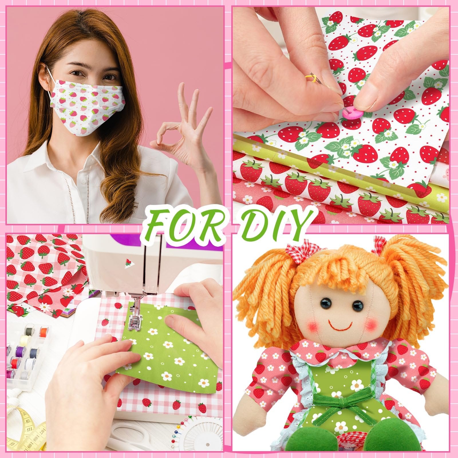 Collage of strawberry fabric crafts: woman wearing mask, hands sewing, fabric stacks, and a rag doll.