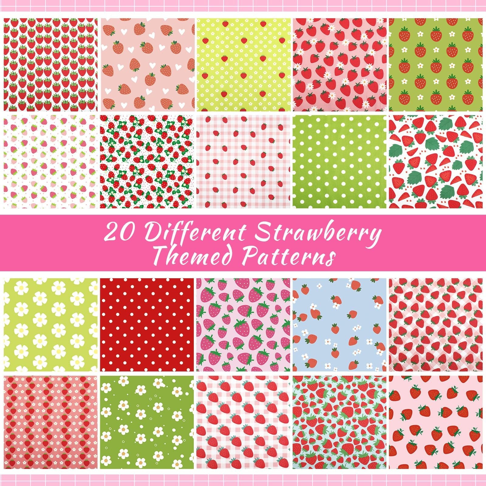 Collage of 20 different strawberry themed fabric patterns, including polka dots, gingham, and various strawberry illustrations.