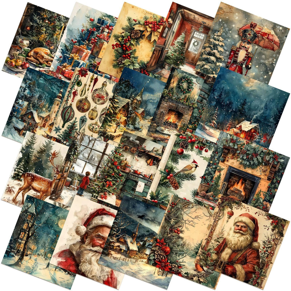 Collage of 20 watercolor Christmas fabric squares featuring scenes like Santa, nutcrackers, decorated trees, and winter villages.