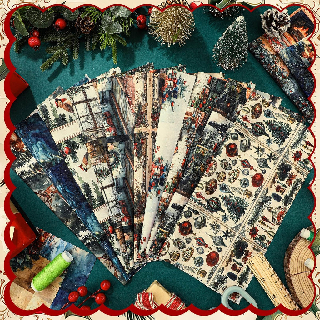 Fan of 20 vintage Christmas fabric squares with festive designs, including nutcrackers, Santa, and ornaments, arranged on a green surface with festive decorations.