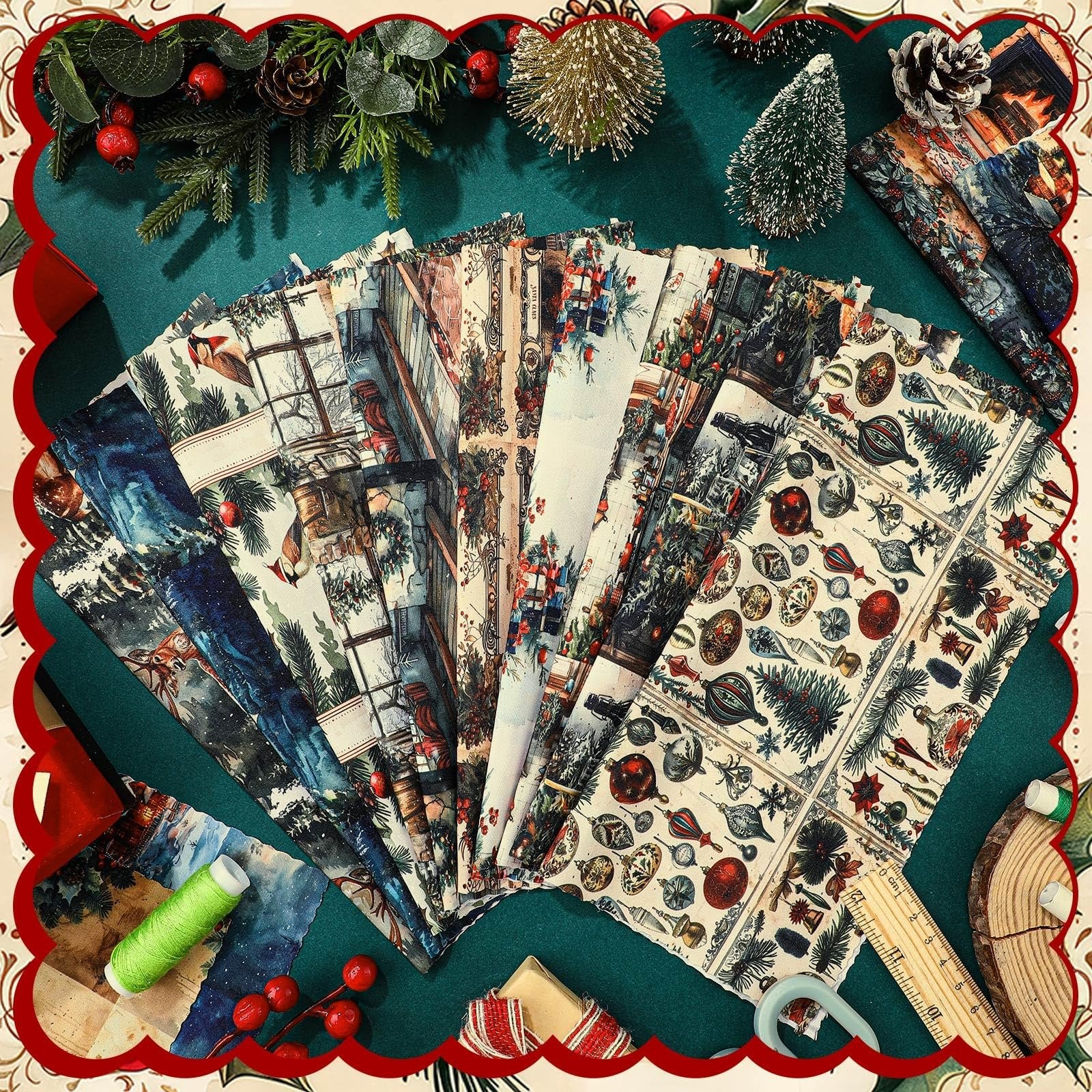 Fan of 20 vintage Christmas fabric squares with festive designs, including nutcrackers, Santa, and ornaments, arranged on a green surface with festive decorations.